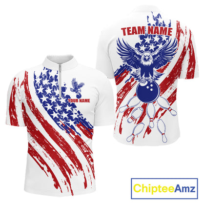 Man wearing Grunge American Flag Eagle Quarter-Zip bowling jersey, distressed patriotic artwork, personalized team shirt, custom bowling apparel, athletic performance clothing, USA tournament uniform.