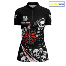 Load image into Gallery viewer, Red Dripping Grim Reaper Dartboard Skull Dart 1/4-Zip Shirts For Women Custom Name For Dart Players NYN2684