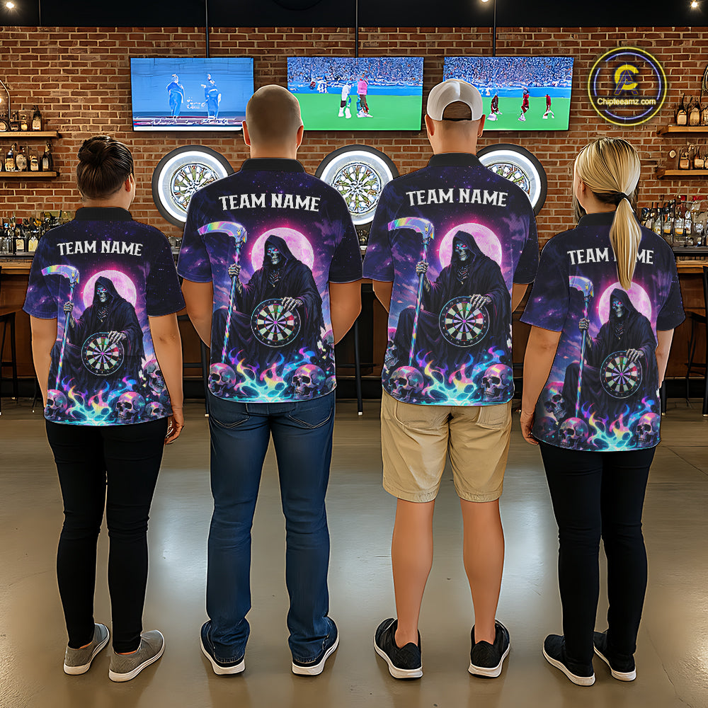 Galaxy Holographic Grim Reaper Dartboard Skull Dart 1/4-Zip Shirts For Women Custom Name For Dart Players NYN2686