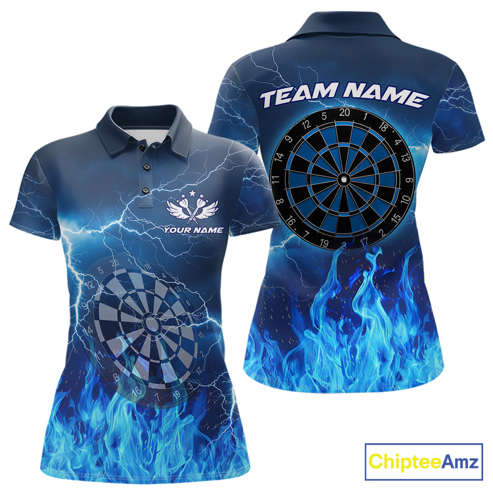 Thunder Blue Flames Dartboard Women's Darts Polo Shirt, Custom Team Jersey, Personalized League Uniform, Blue Fire Dartboard Performance Shirt, Tournament Apparel, Sports Bar League, Gift For Dart Players, Precision, Power & Competitive Spirit