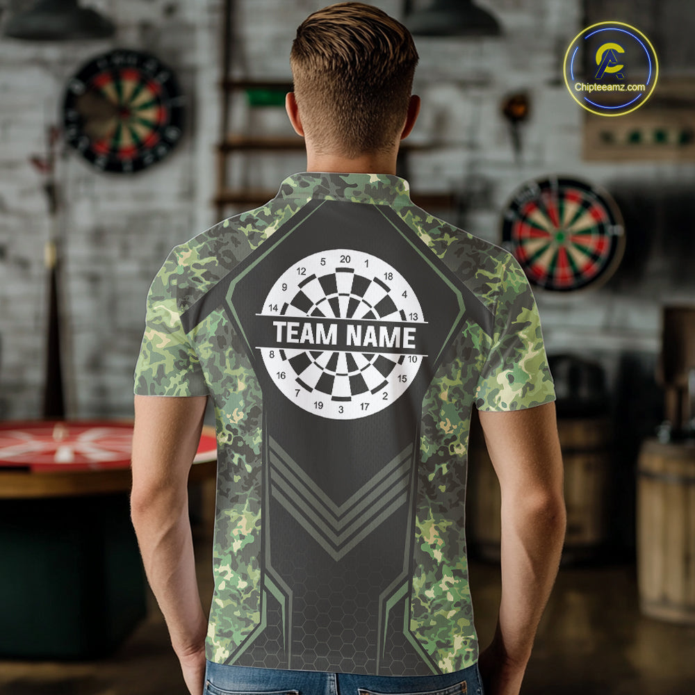 Green Grunge Camo Dart Shirt For Men Custom Military Camo Dart Team Polo 1/4 Zip Jersey NYN4084