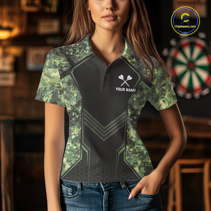 Green Grunge Camo Dart Shirt For Women Custom Military Camo Dart Team Polo 1/4 Zip Jersey NYN4084