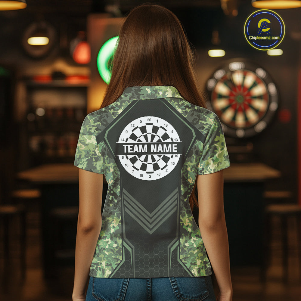 Green Grunge Camo Dart Shirt For Women Custom Military Camo Dart Team Polo 1/4 Zip Jersey NYN4084