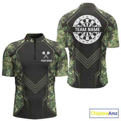 Green Grunge Camo Dart Shirt For Men Custom Military Camo Dart Team Polo 1/4 Zip Jersey NYN4084