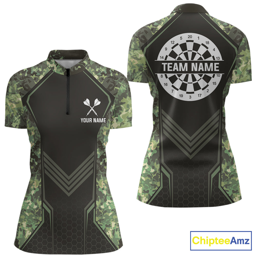 Green Grunge Camo Dart Shirt For Women Custom Military Camo Dart Team Polo 1/4 Zip Jersey NYN4084