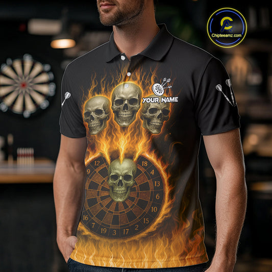 Custom Yellow Flames Dartboard Horror Multi Skull Dart Men Polo Jerseys Outfits Dart Shirt NYN1681