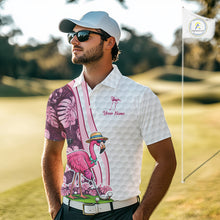 Load image into Gallery viewer, Funny Flamingo Mens Golf Polo Shirt Custom Pink And Purple Monstera Pattern White Golf Shirts NYN2841