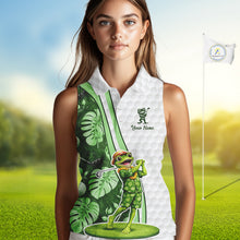 Load image into Gallery viewer, Funny Frog Golf Sleeveless Polo Shirt Custom Green Monstera Pattern White Golf Attire For Women NYN2842