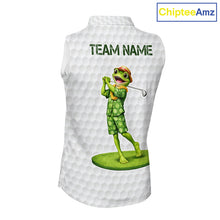 Load image into Gallery viewer, Funny Frog Golf Sleeveless Polo Shirt Custom Green Monstera Pattern White Golf Attire For Women NYN2842
