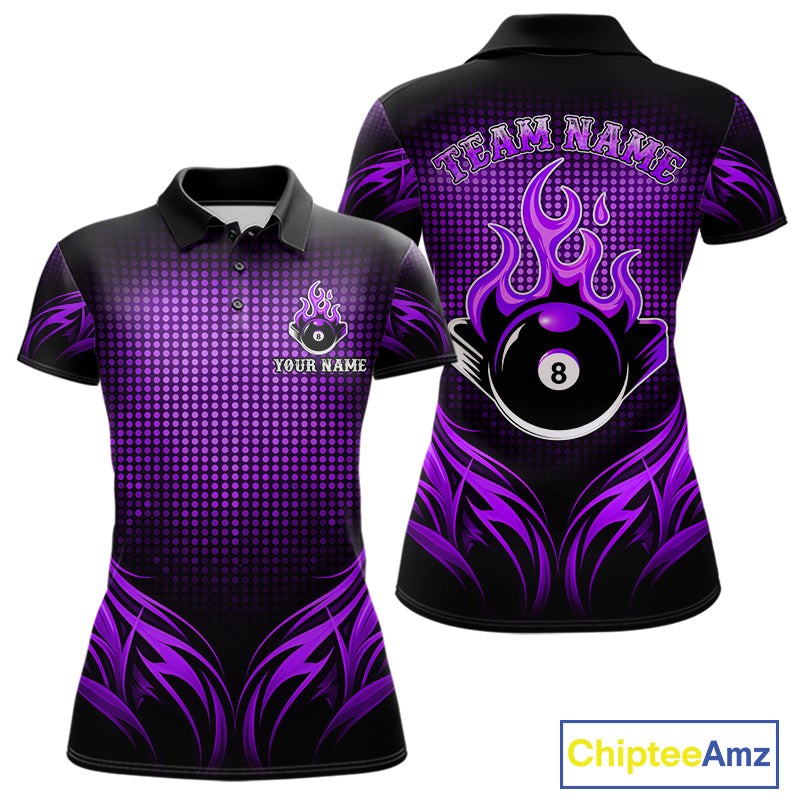 Custom Purple Flaming 8 Ball Billiard Shirts For Women Billiard League Billiard Team Shirts NYN2848