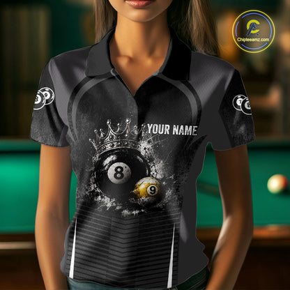 Personalized Grunge Crown 8 Ball & 9 Ball Billiard Pool Shirt For Women Custom Billiard Team Jersey NYN3216