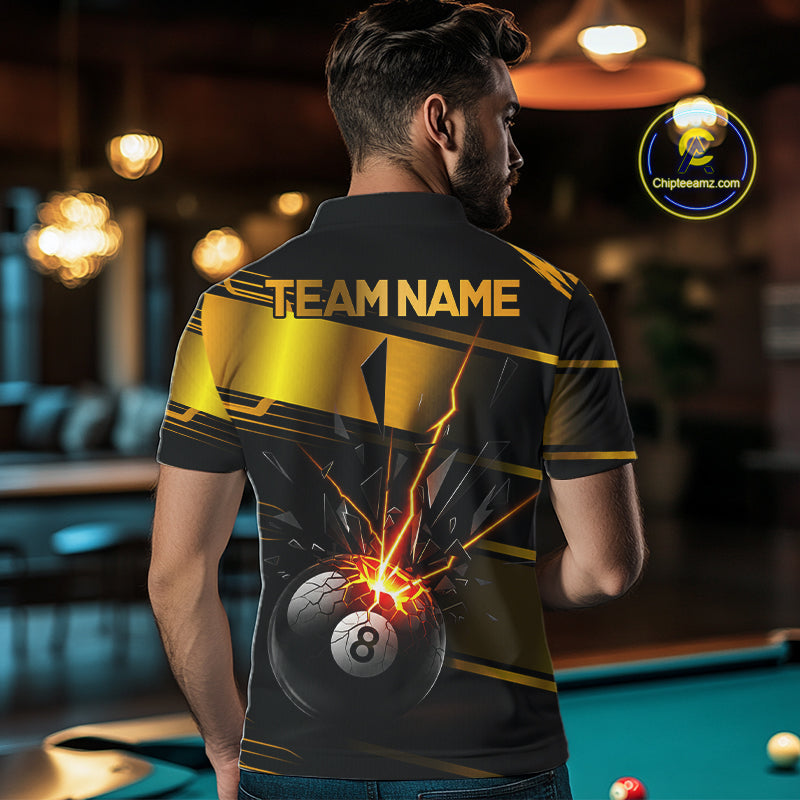 Thunder Cracked 8 Ball Billiard Shirt For Men Custom Black And Gold Billiard Pool Team Jersey NYN3224