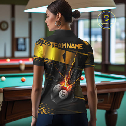 Thunder Cracked 8 Ball Billiard Shirt For Women Custom Black And Gold Billiard Pool Team Jersey NYN3224