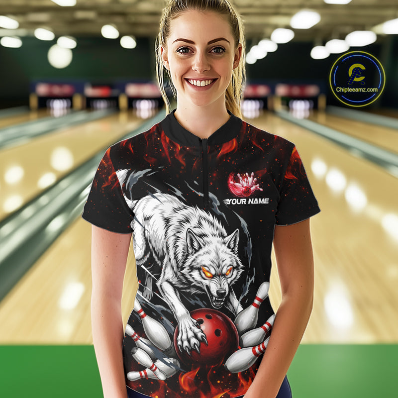 Fire Flame Funny Wolf Bowling Ball Jersey For Women Personalized Bowling Team Shirts | Red NYN3226