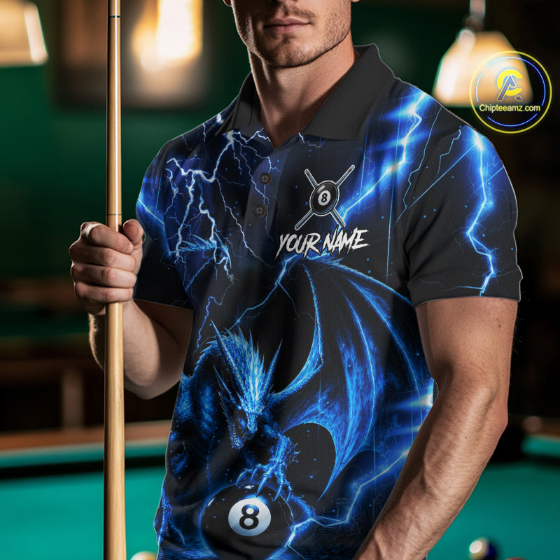Male pool player holding a cue stick while wearing a Blue Dragon billiard jersey representing power, resilience, determination, leadership, mythical guardian symbolism, professional league apparel, custom tournament clothing.