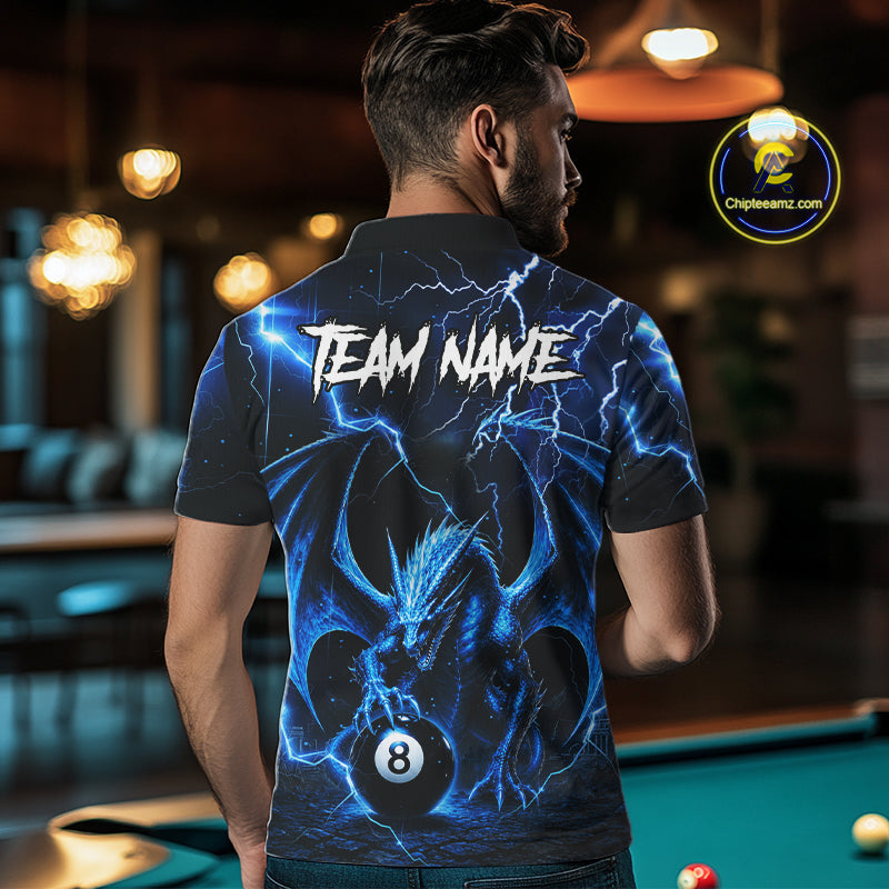 Male pool player holding a cue stick while wearing a Blue Dragon billiard jersey representing power, resilience, determination, leadership, mythical guardian symbolism, professional league apparel, custom tournament clothing.