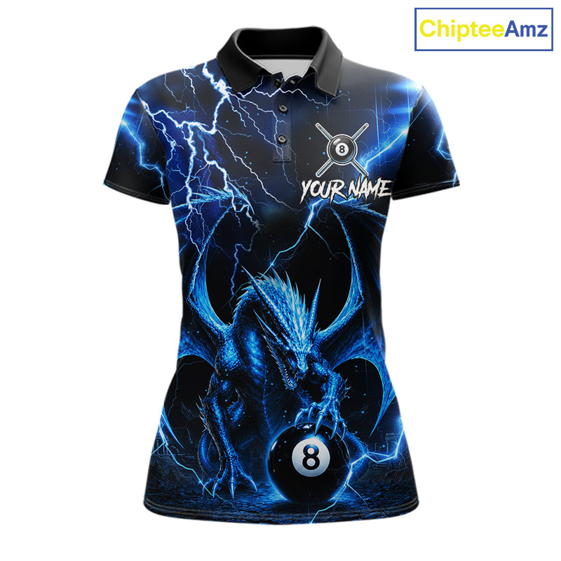 Blue 8 Ball Dragon Billiard Polo featuring an electric blue dragon wrapped around an 8 Ball with thunder lightning effects, personalized player name, custom pool team jersey, breathable moisture-wicking polo, professional cue sports apparel, custom tournament uniform, fantasy dragon artwork, championship pool clothing.