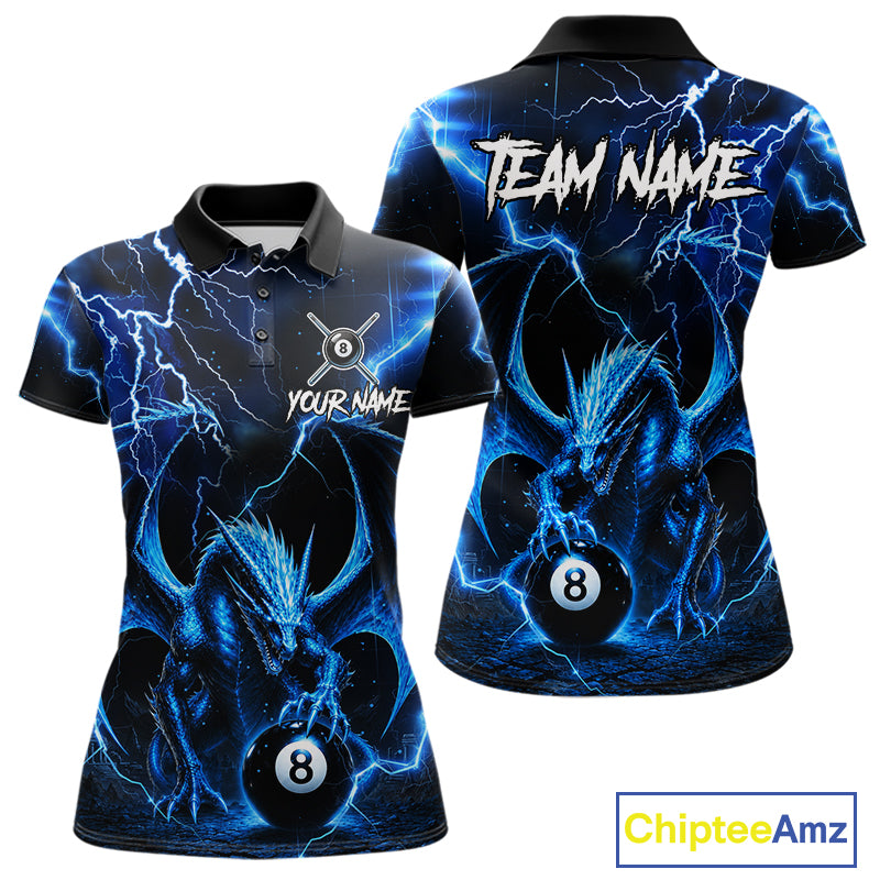 Blue 8 Ball Dragon Billiard Polo featuring an electric blue dragon wrapped around an 8 Ball with thunder lightning effects, personalized player name, custom pool team jersey, breathable moisture-wicking polo, professional cue sports apparel, custom tournament uniform, fantasy dragon artwork, championship pool clothing.