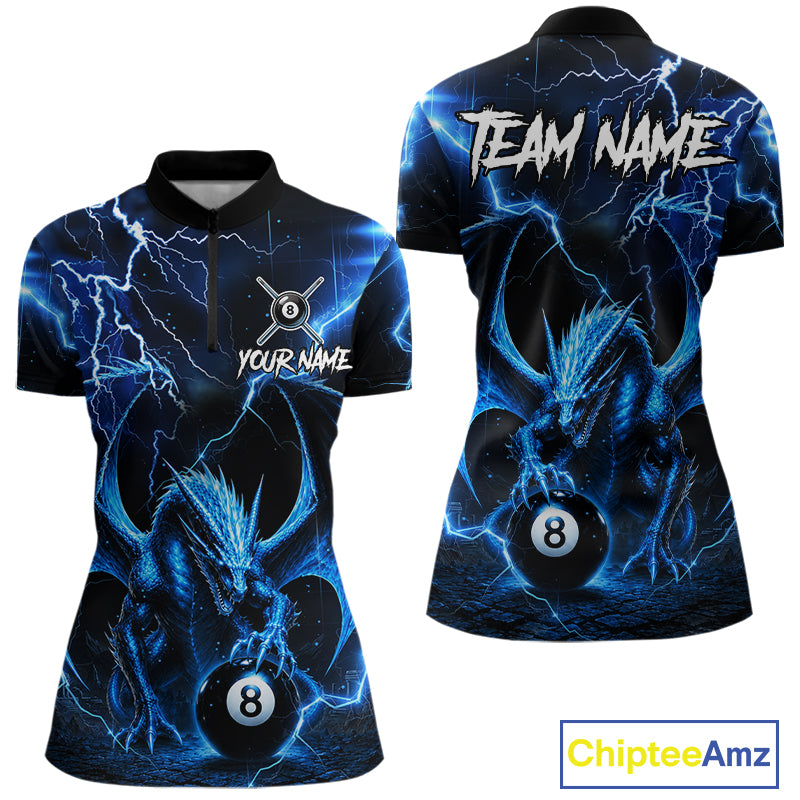 Blue Dragon Quarter-Zip Pool Jersey featuring thunder lightning, blue dragon graphics, personalized billiard team logo, moisture-wicking performance fabric, custom cue sports apparel, league tournament jersey, premium athletic wear.