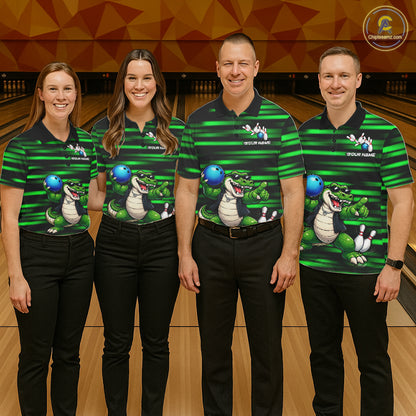 Funny Crocodile Bowling Jersey For Men Personalized Green Strike Lightning Team Bowling Attire NYN3228