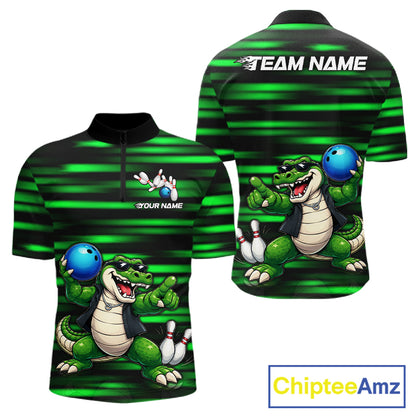 Funny Crocodile Bowling Jersey For Men Personalized Green Strike Lightning Team Bowling Attire NYN3228