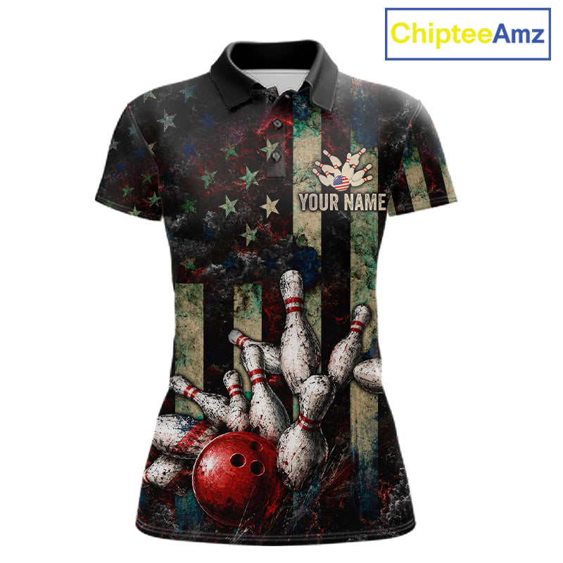 Personalized American Flag Grunge Bowling Shirt For Women Custom Splatter Outfit Bowling Jersey NYN3231