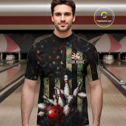 Personalized American Flag Grunge Bowling Shirt For Men Custom Splatter Outfit Bowling Jersey NYN3231