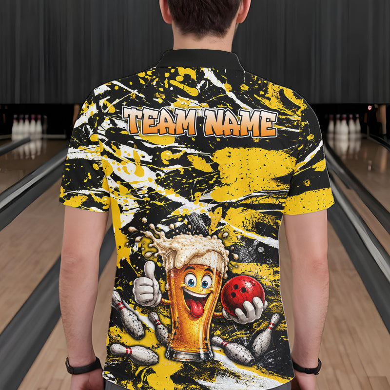Yellow, White And Black Splatter Funny Beer Bowling Shirt For Men Custom Outfit Bowling Jersey NYN3235
