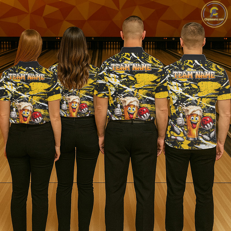 Yellow, White And Black Splatter Funny Beer Bowling Shirt For Men Custom Outfit Bowling Jersey NYN3235
