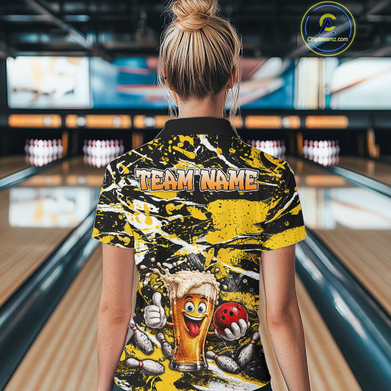 Yellow, White And Black Splatter Funny Beer Bowling Shirt For Women Custom Outfit Bowling Jersey NYN3235