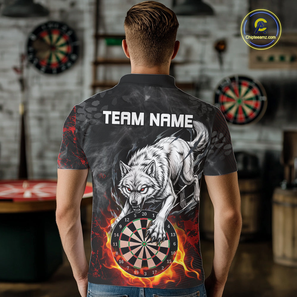 Fire Flame Funny Wolf Darts Polo & 1/4 Zip For Men Personalized Grunge Dart Team Shirts | Red NYN3236