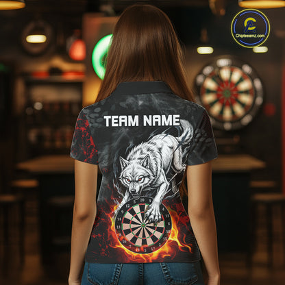 Fire Flame Funny Wolf Darts Polo & 1/4 Zip For Women Personalized Grunge Dart Team Shirts | Red NYN3236