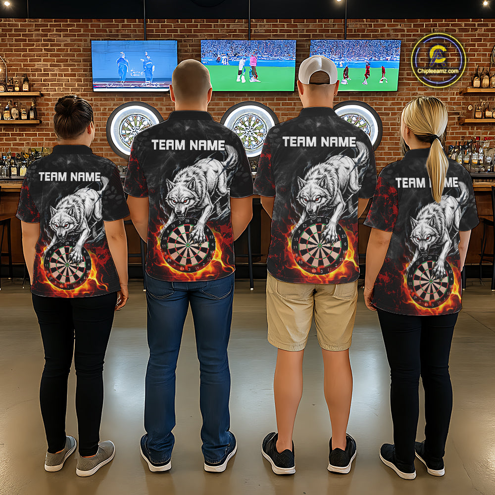 Fire Flame Funny Wolf Darts Polo & 1/4 Zip For Men Personalized Grunge Dart Team Shirts | Red NYN3236