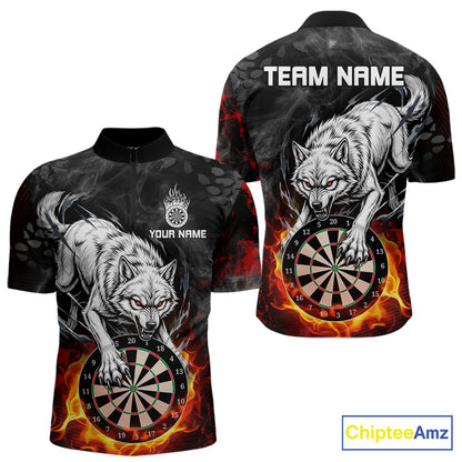 Fire Flame Funny Wolf Darts Polo & 1/4 Zip For Men Personalized Grunge Dart Team Shirts | Red NYN3236