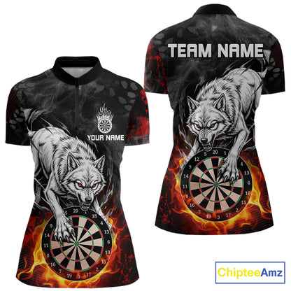 Fire Flame Funny Wolf Darts Polo & 1/4 Zip For Women Personalized Grunge Dart Team Shirts | Red NYN3236