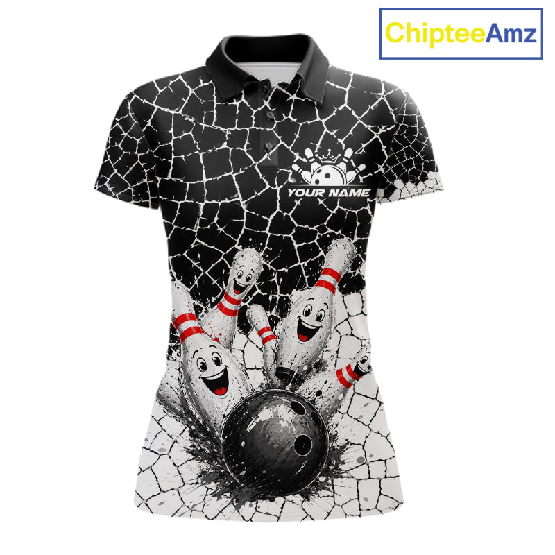 White And Black Cracked Funny Pins & Ball Bowling Shirt For Women Custom Outfit Team Bowling Jersey NYN3238