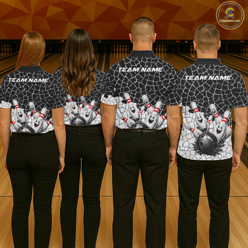 White And Black Cracked Funny Pins & Ball Bowling Shirt For Women Custom Outfit Team Bowling Jersey NYN3238