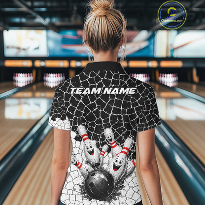 White And Black Cracked Funny Pins & Ball Bowling Shirt For Women Custom Outfit Team Bowling Jersey NYN3238