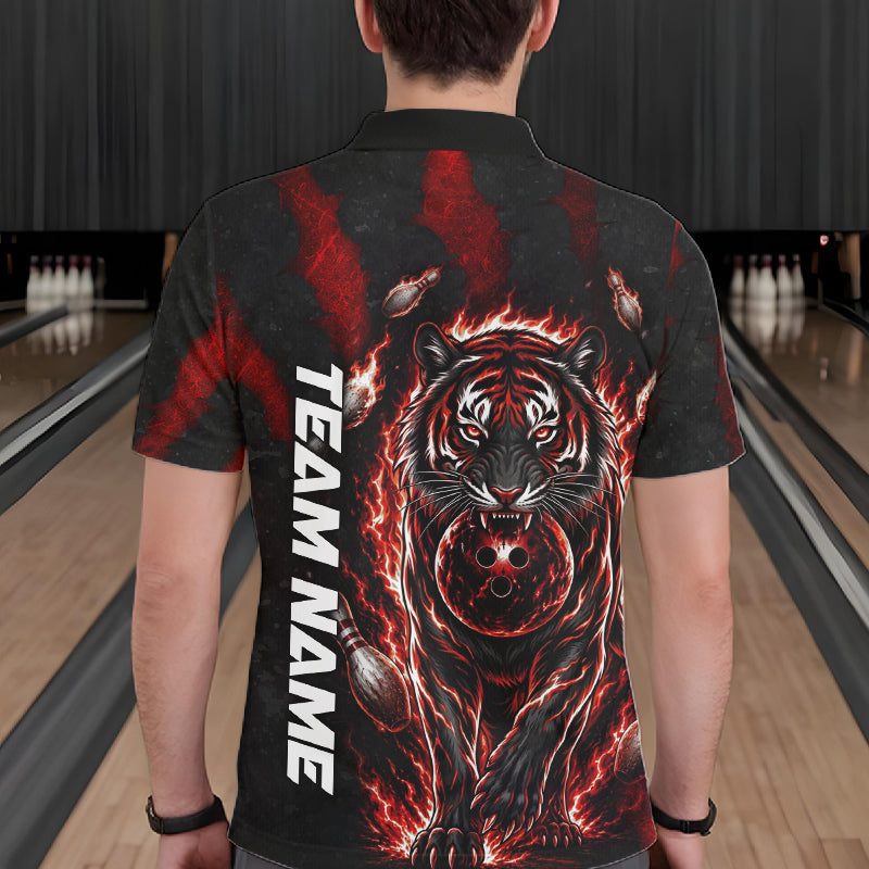 Male bowler wearing Fire Flame Tiger Red Claws bowling jersey during league and tournament competition