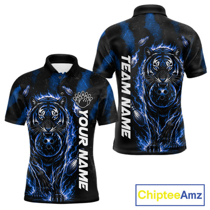 Fire Flame Tiger Blue Claws men's bowling polo shirt custom bowling team jersey, personalized bowling apparel