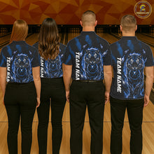 Load image into Gallery viewer, Men women bowling team wearing Fire Flame Tiger Blue Claws bowling uniforms and custom team jerseys