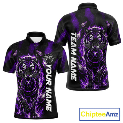 Fire Flame Tiger Purple Claws men's bowling polo shirt custom bowling team uniform, personalized bowling jersey