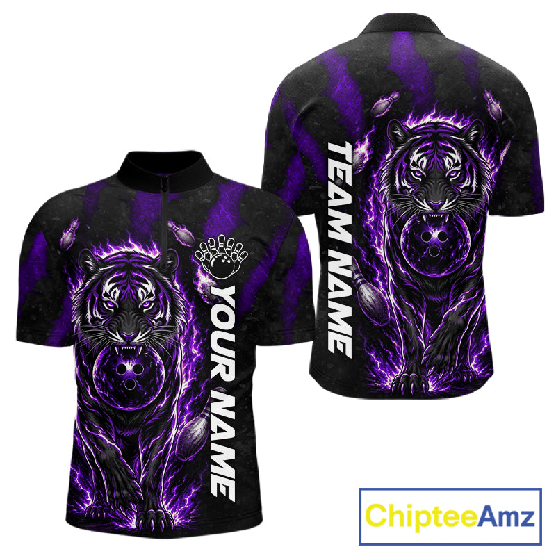 Fire Flame Tiger Purple Claws men's quarter zip bowling shirt custom bowling league apparel