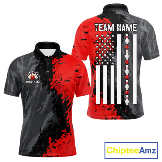 Black Grey Red Grunge US Flag men's bowling polo shirt patriotic bowling team jersey, custom bowling uniform