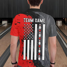 Load image into Gallery viewer, Male bowler wearing Black Grey Red Grunge US Flag bowling jersey during patriotic bowling tournament