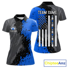 Load image into Gallery viewer, Black Grey Blue Grunge US Flag women's bowling polo shirt patriotic bowling team uniform, personalized bowling jersey