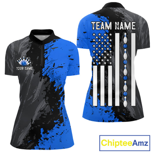 Black Grey Blue Grunge US Flag women's quarter zip bowling shirt custom patriotic bowling apparel
