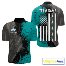 Load image into Gallery viewer, Black Grey Teal Grunge US Flag men's quarter zip bowling shirt personalized patriotic bowling apparel