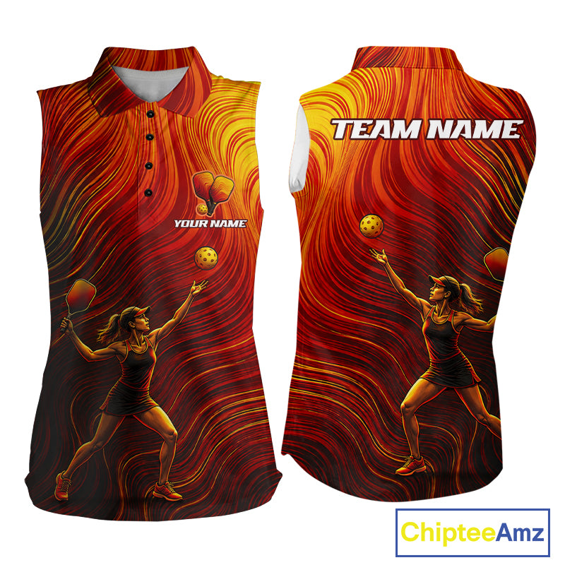 Custom Orange Swirling Wave Sleeveless Polo Pickleball Shirt For Women Personalized Name Pickleball Team Jersey NYN4118