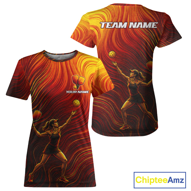 Custom Orange Swirling Wave Pickleball Shirt For Women Personalized Name Pickleball Team Jersey NYN4118